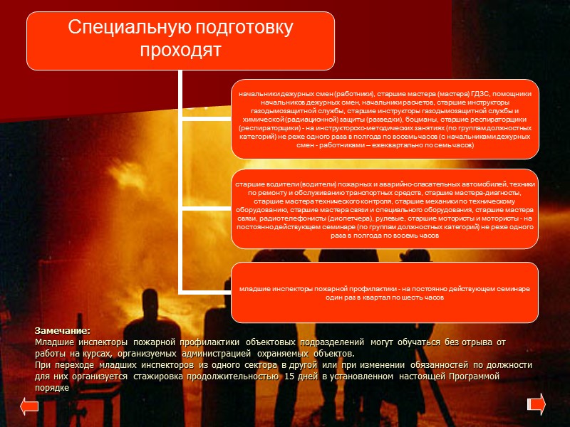 Замечание: Младшие инспекторы пожарной профилактики объектовых подразделений могут обучаться без отрыва от работы на